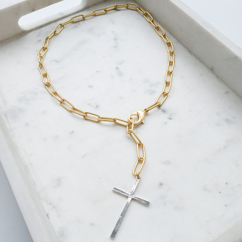 Silver Cross Paperclip Toggle Necklace
