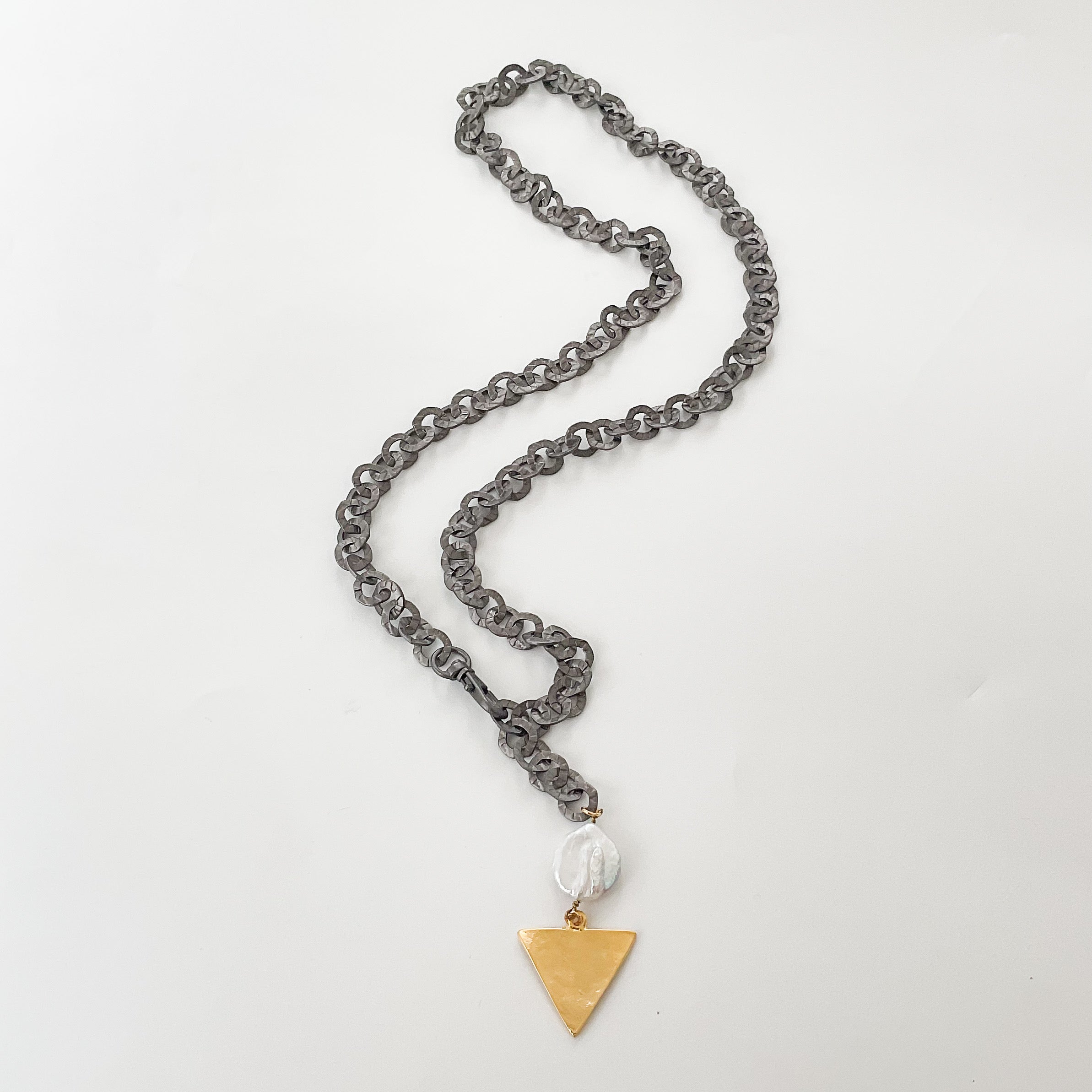 Adjustable Washer Chain Necklace w/ Pearl Triangle