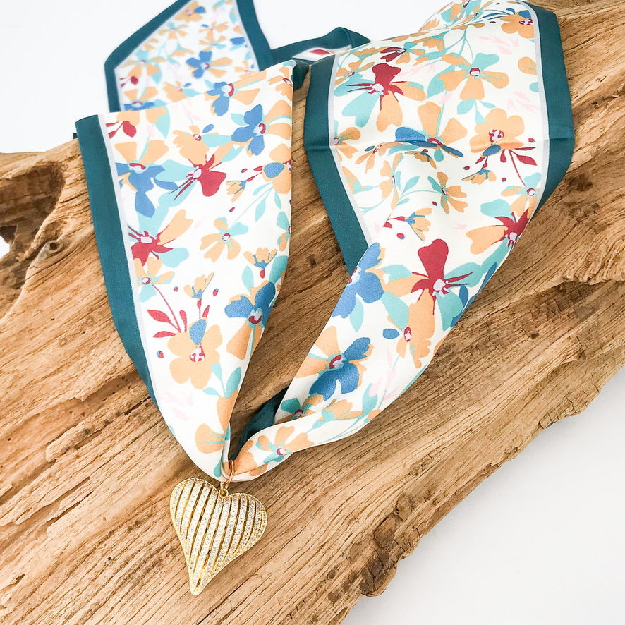 Ribbon CZ Heart On Scarf Necklace