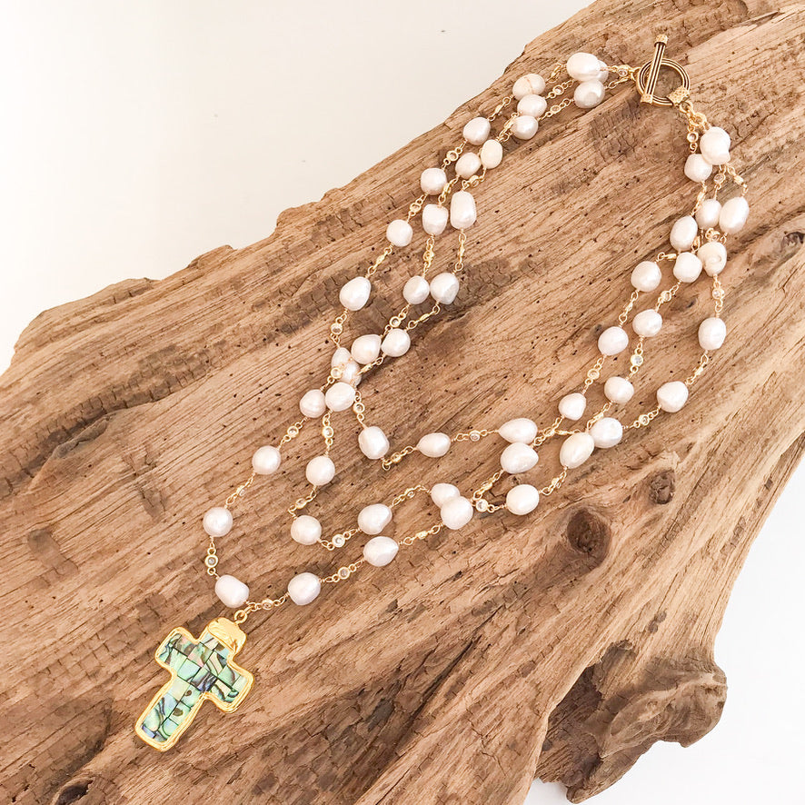 Pearl Bezel Rosary Triple Layer w/ Cross