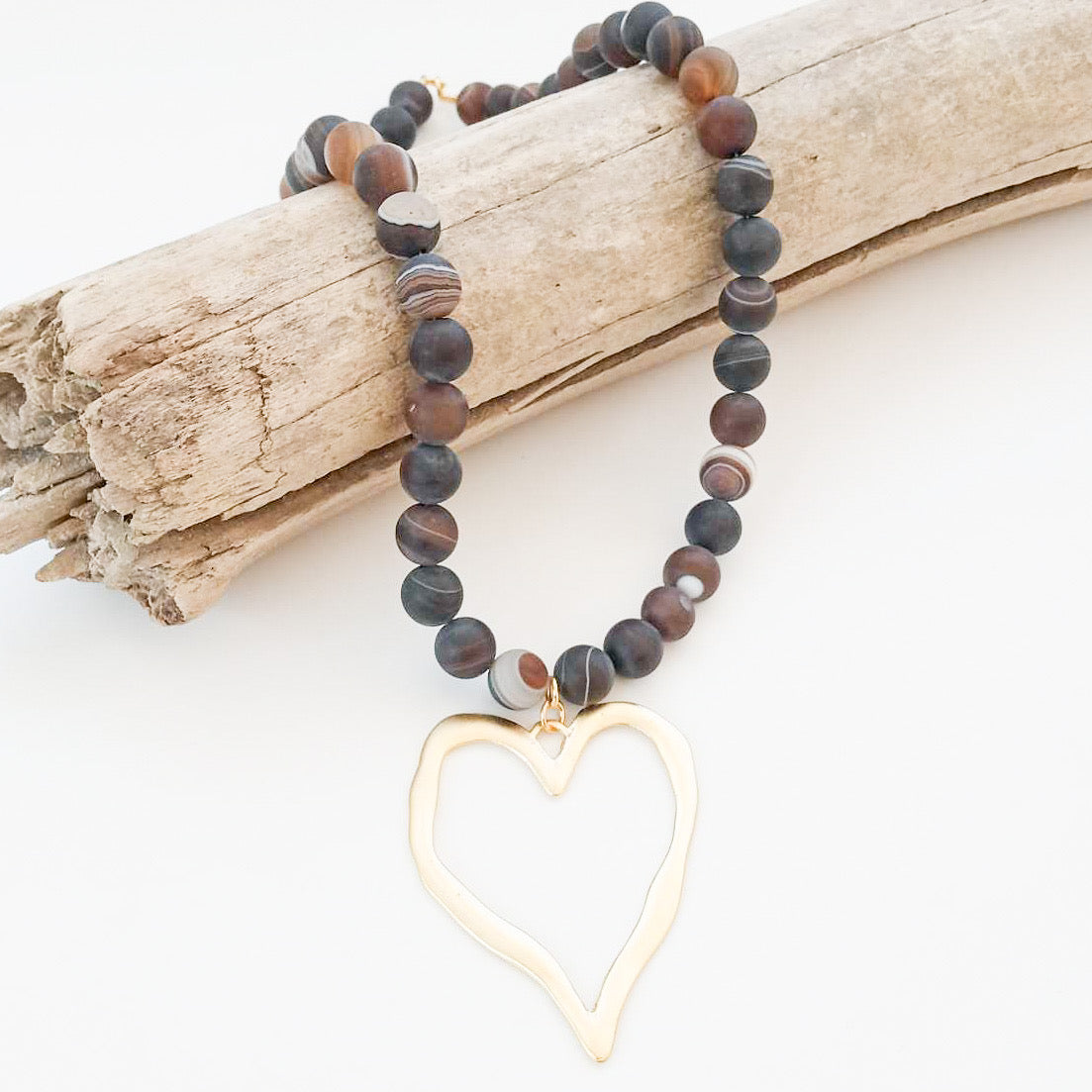 Gemstone Beaded Necklace w/ XL Heart