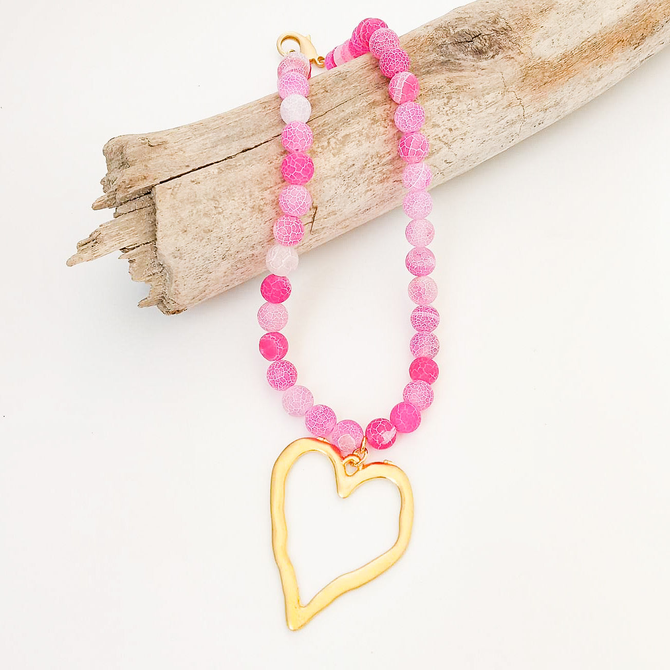 Gemstone Beaded Necklace w/ XL Heart
