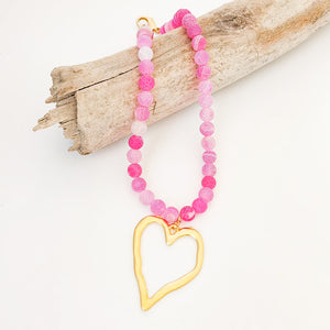 Gemstone Beaded Necklace w/ XL Heart