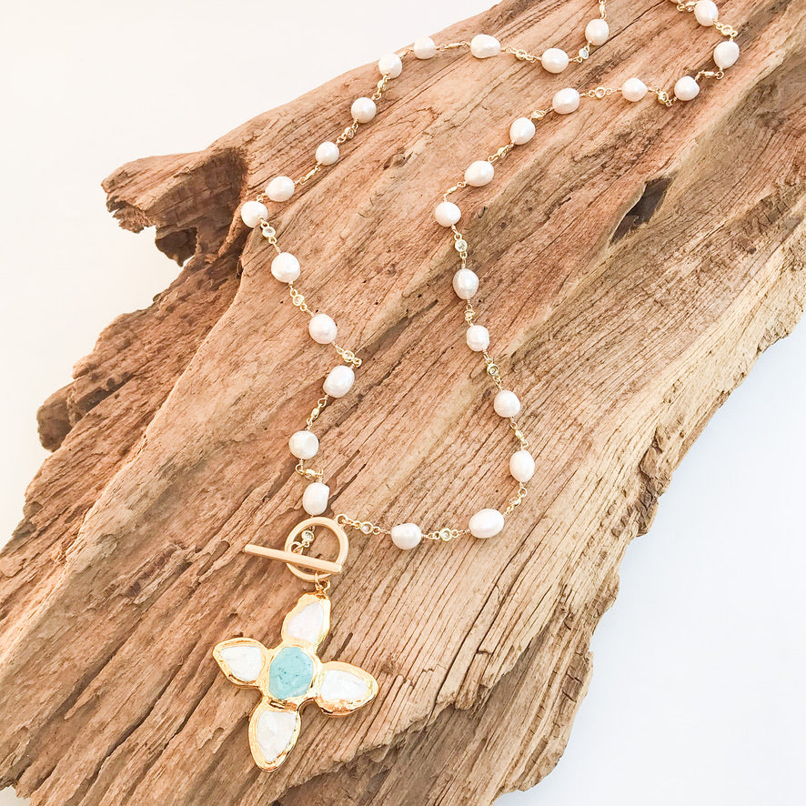 Clover Cross on Pearl Rosary