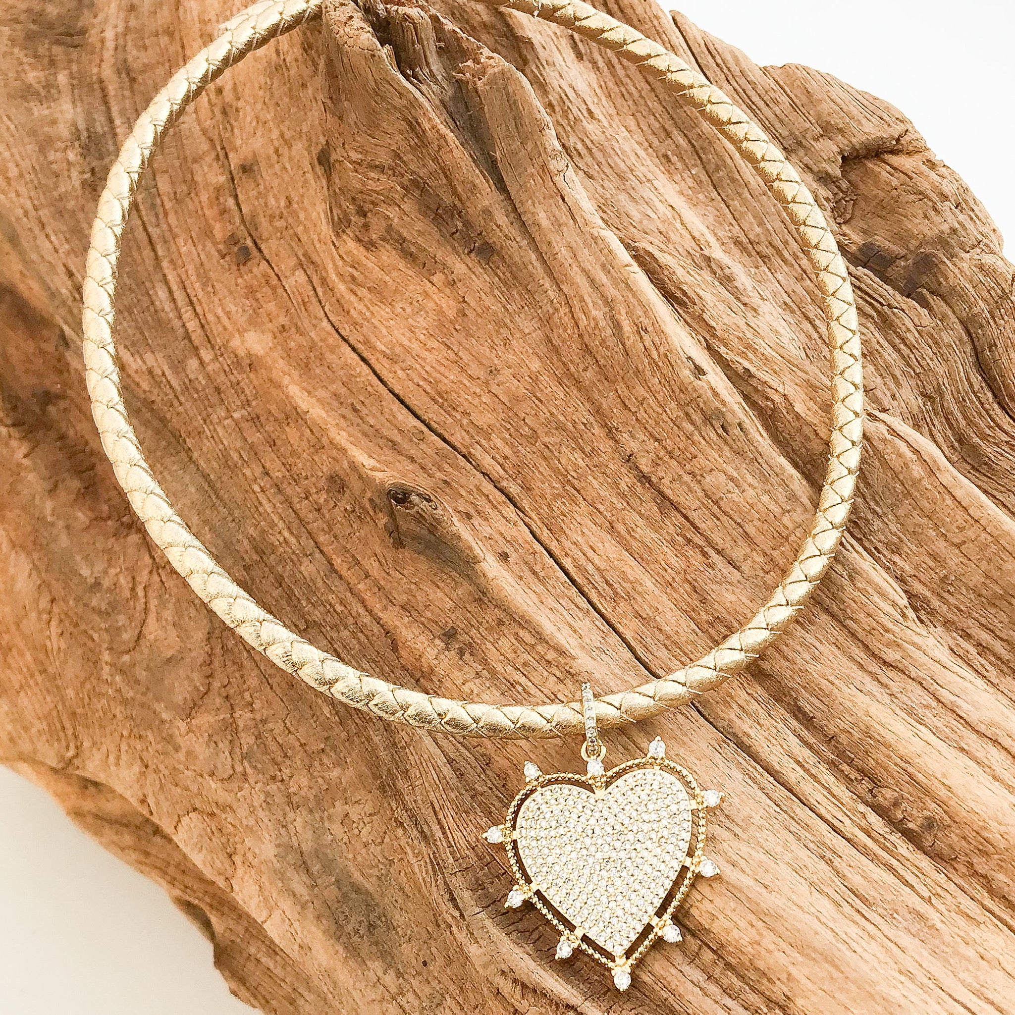 Rhinestone Studded Heart on Leather Necklace