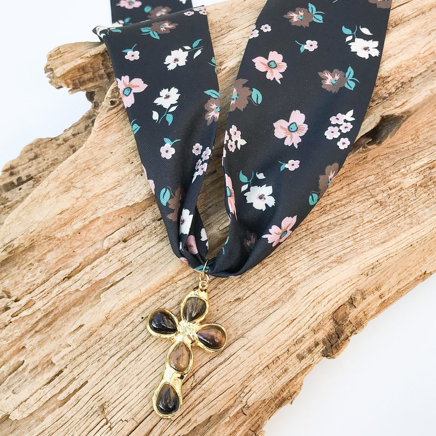 Gemstone Cross on Scarf Necklace
