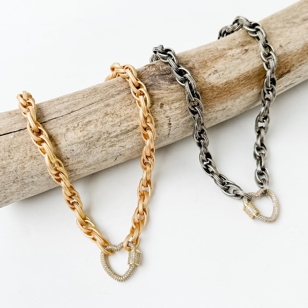 Cz Heart Carabiner on Twisted Etched Chain