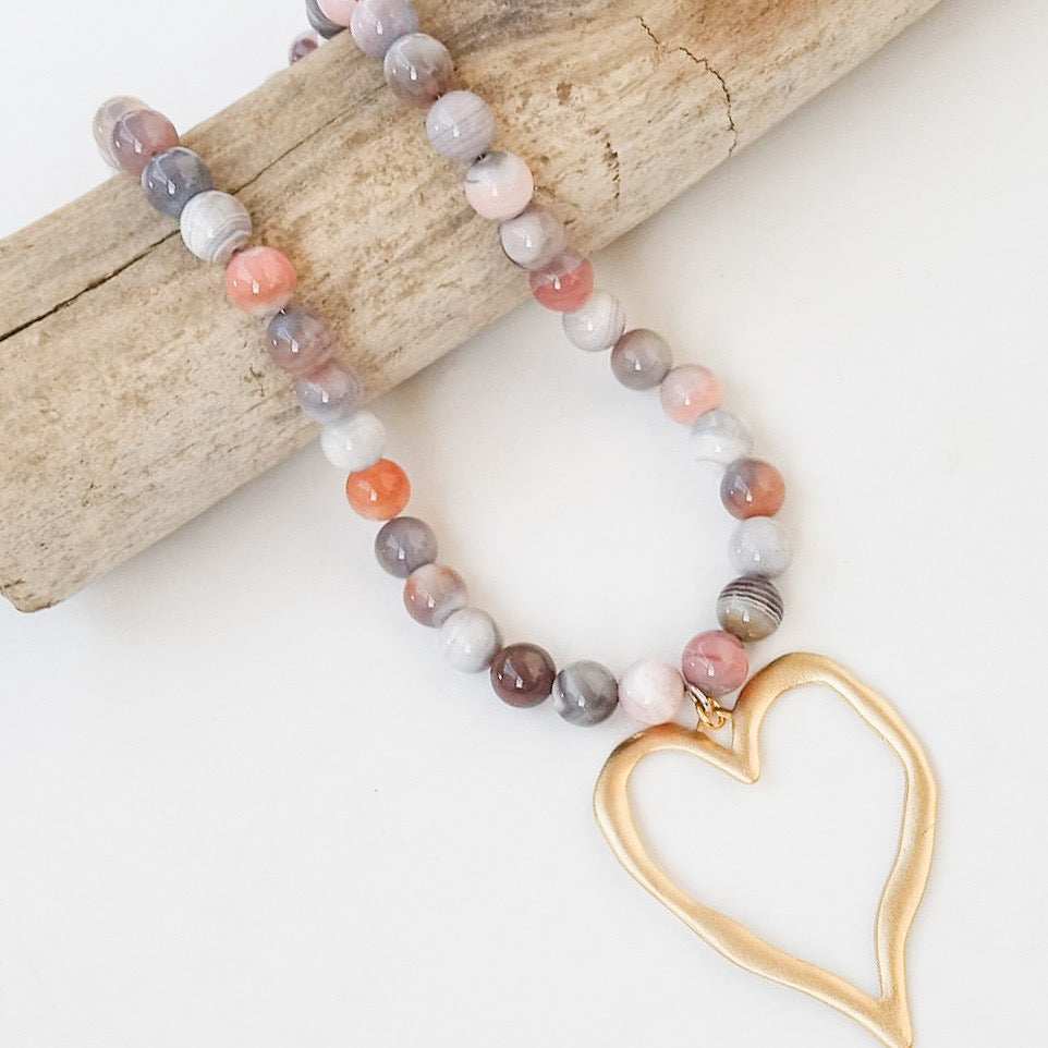 Gemstone Beaded Necklace w/ XL Heart