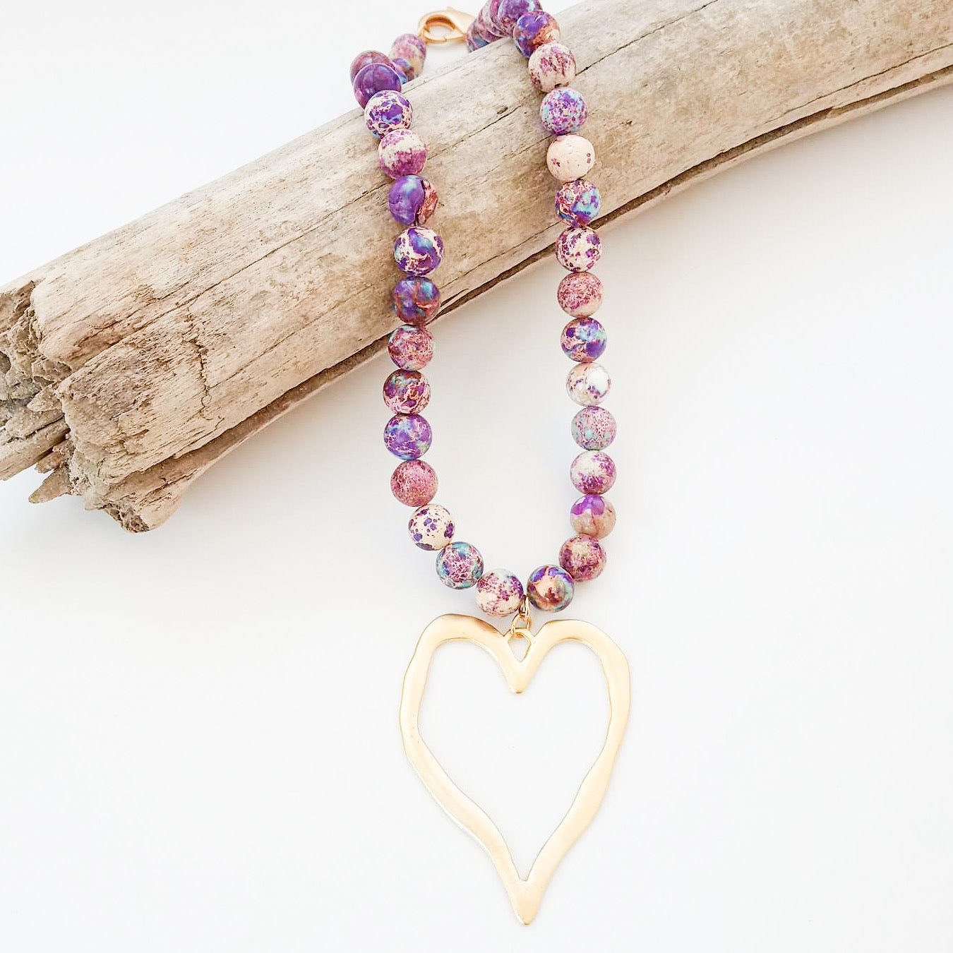 Gemstone Beaded Necklace w/ XL Heart