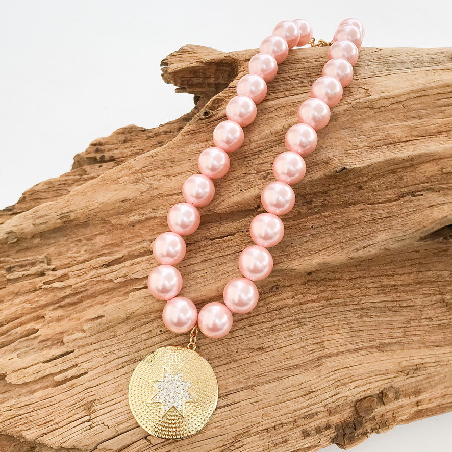 Starburst CZ Pendant on Jumbo Pearl Necklace