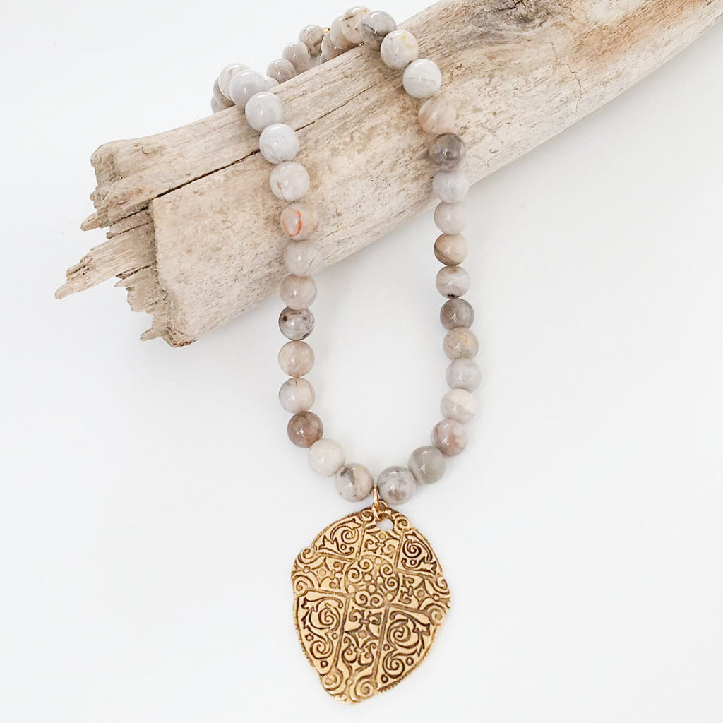 19” Gemstone Necklace w/ Ancient Cross Disc