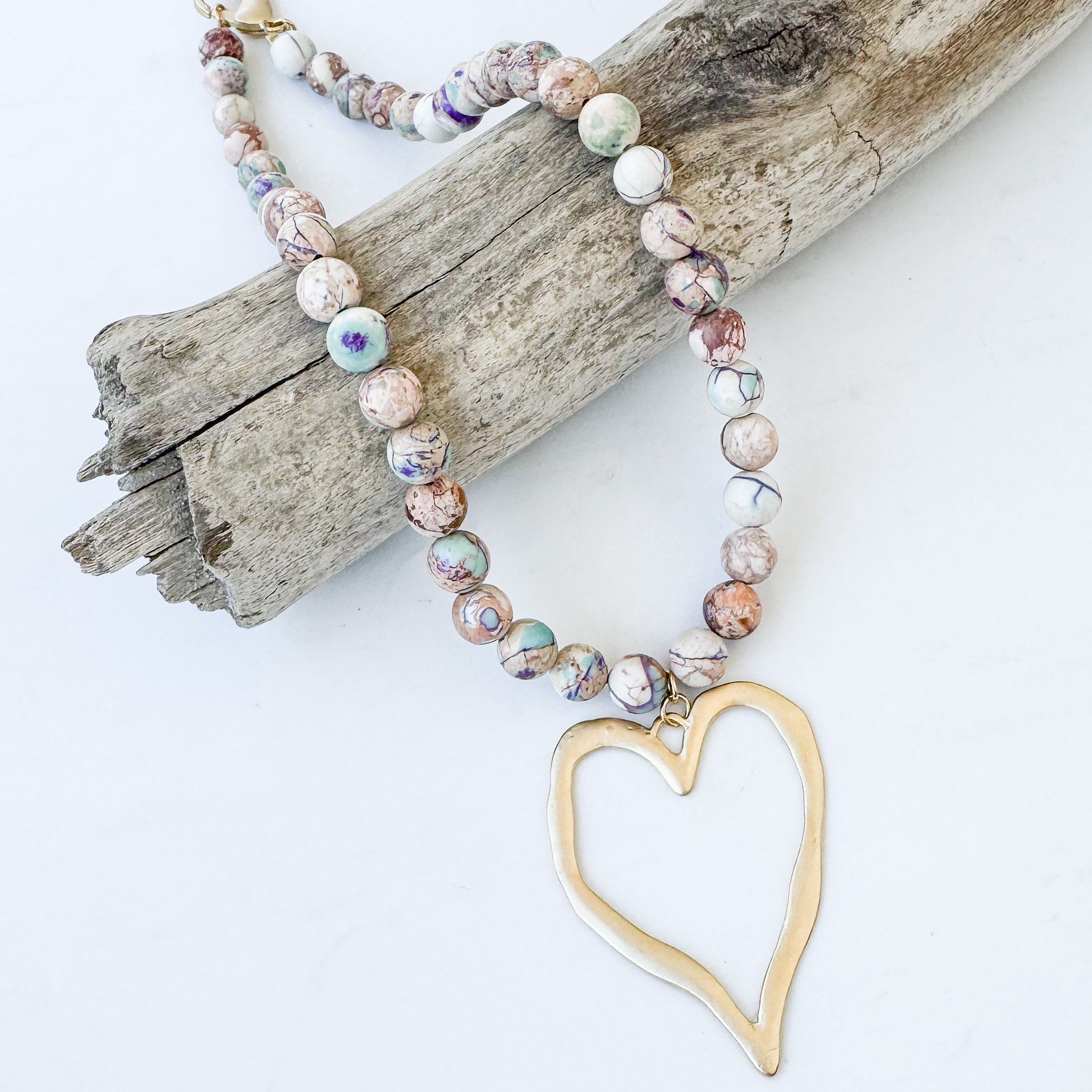 Gemstone Beaded Necklace w/ XL Heart