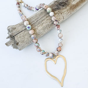 Gemstone Beaded Necklace w/ XL Heart