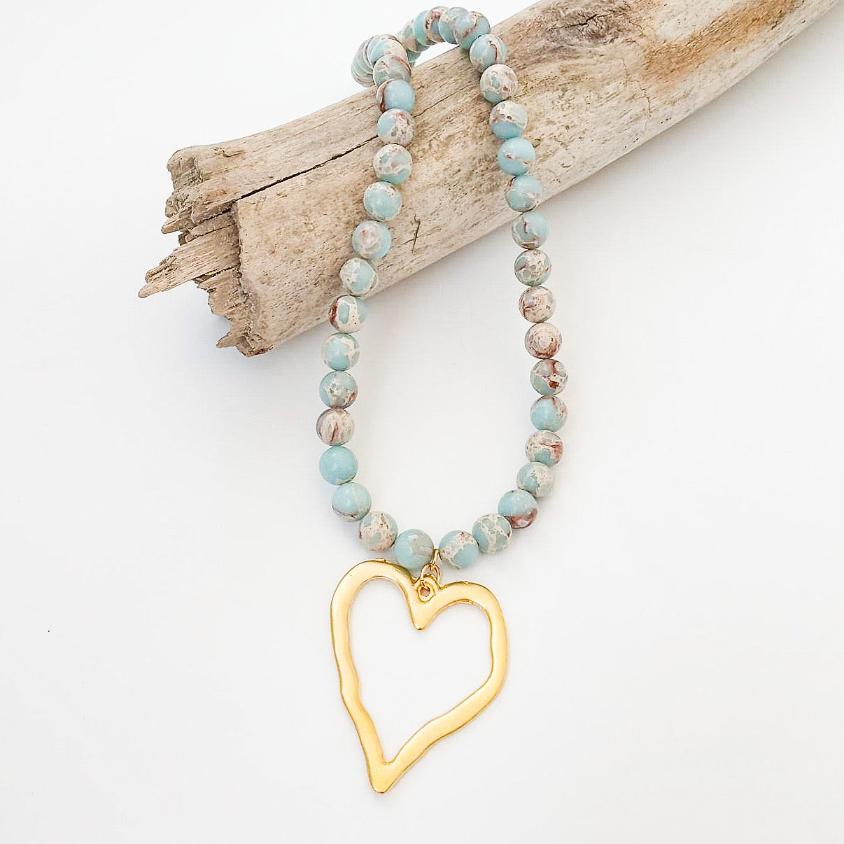 Gemstone Beaded Necklace w/ XL Heart
