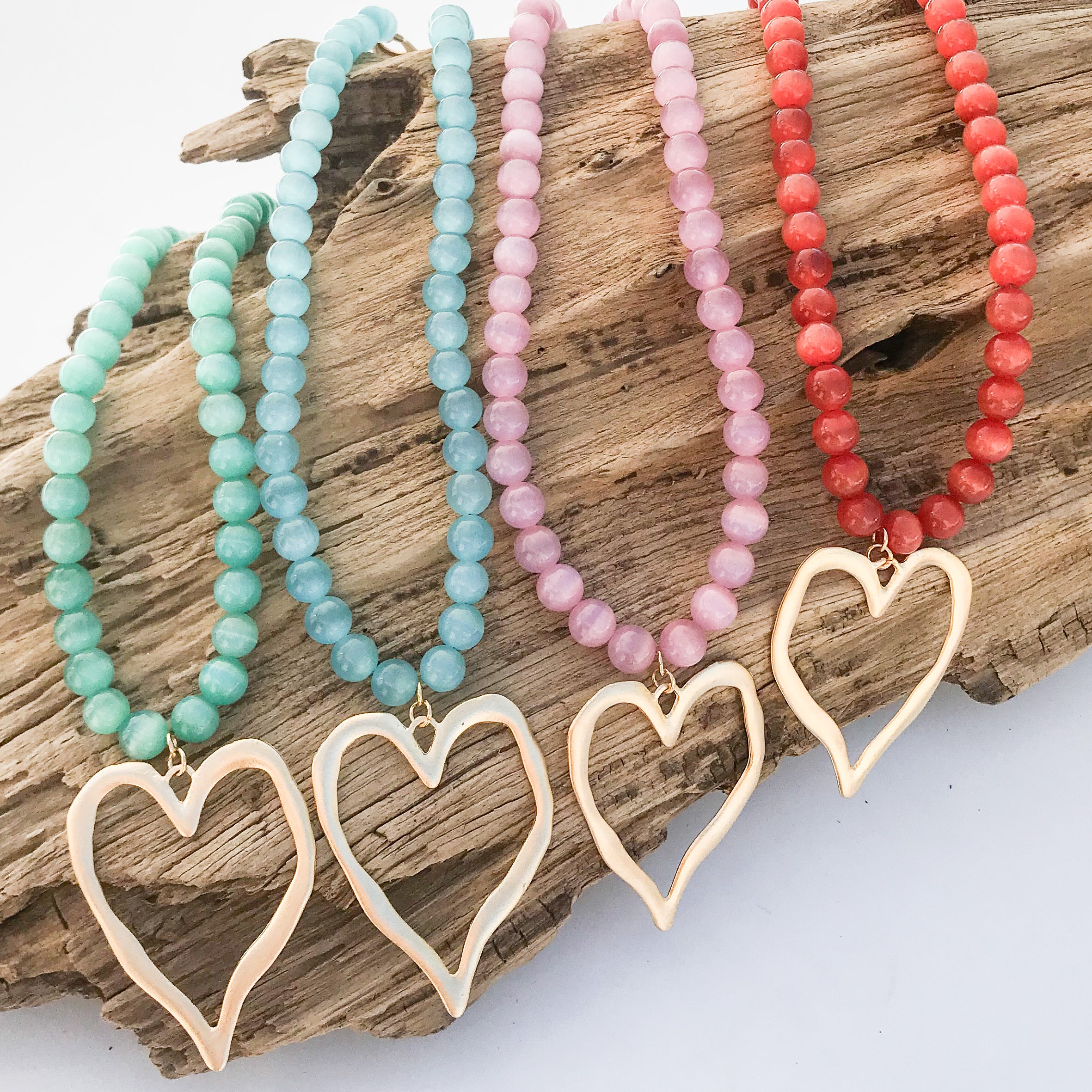 Gemstone Beaded Necklace w/ XL Heart