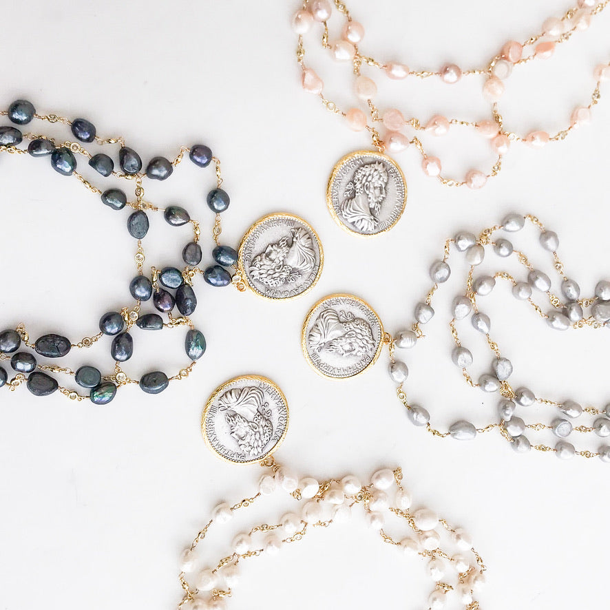 Vintage Coin on Triple Layer Pearl Bezel Rosary