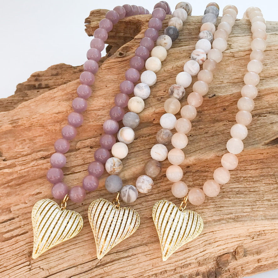 Ribbon Heart on 10mm Gemstone Necklace