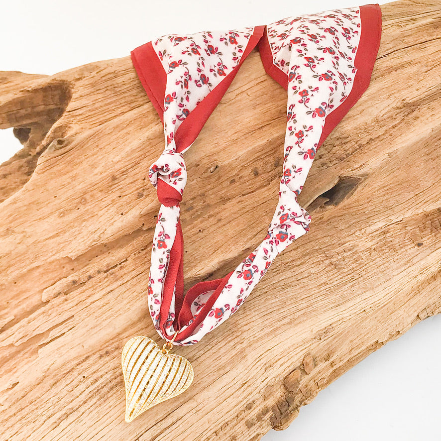 Ribbon CZ Heart On Scarf Necklace
