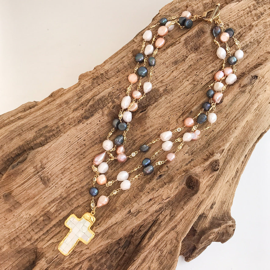 Pearl Bezel Rosary Triple Layer w/ Cross