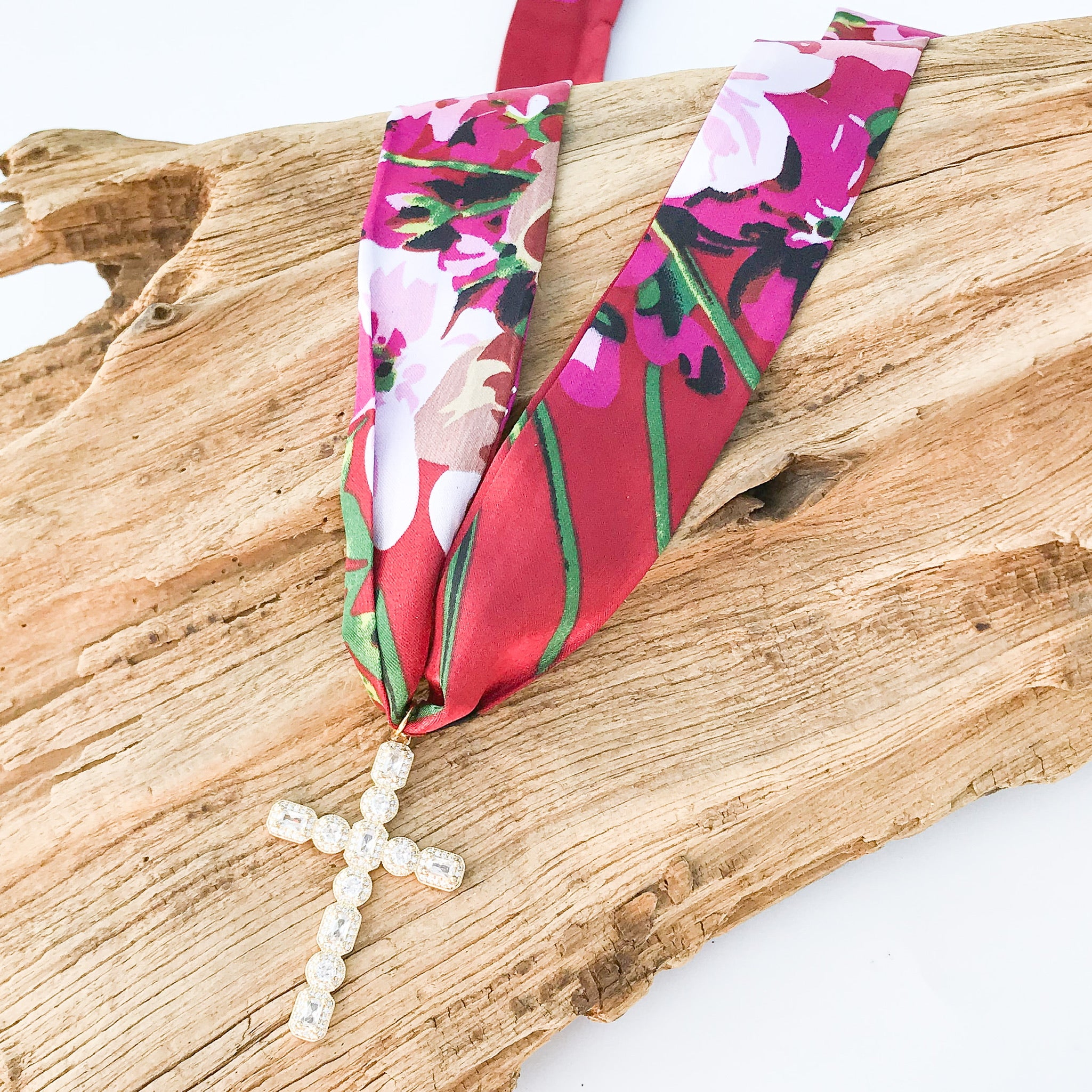 Large Rhinestone Cross on Scarf Necklace