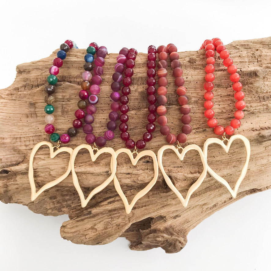 Gemstone Beaded Necklace w/ XL Heart