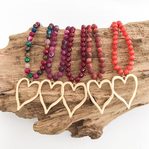 Gemstone Beaded Necklace w/ XL Heart
