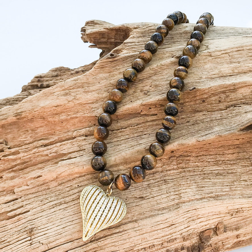 Ribbon Heart on 10mm Gemstone Necklace