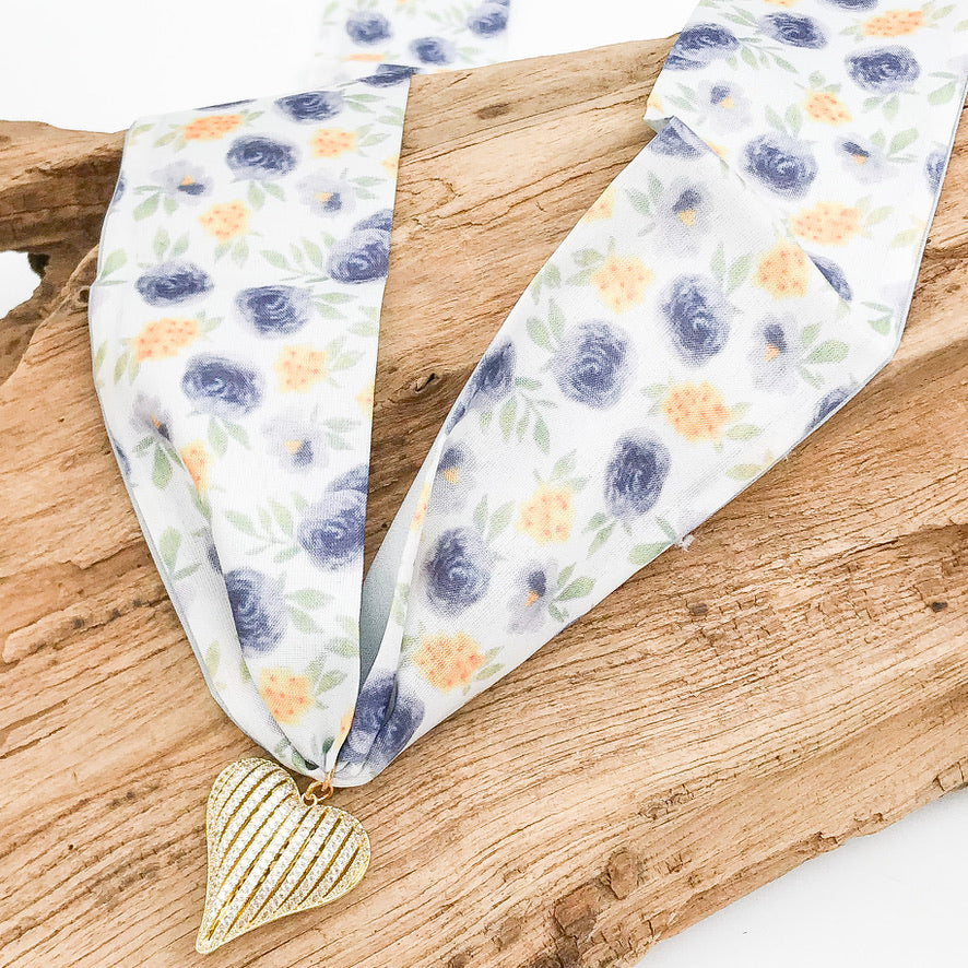 Ribbon CZ Heart On Scarf Necklace
