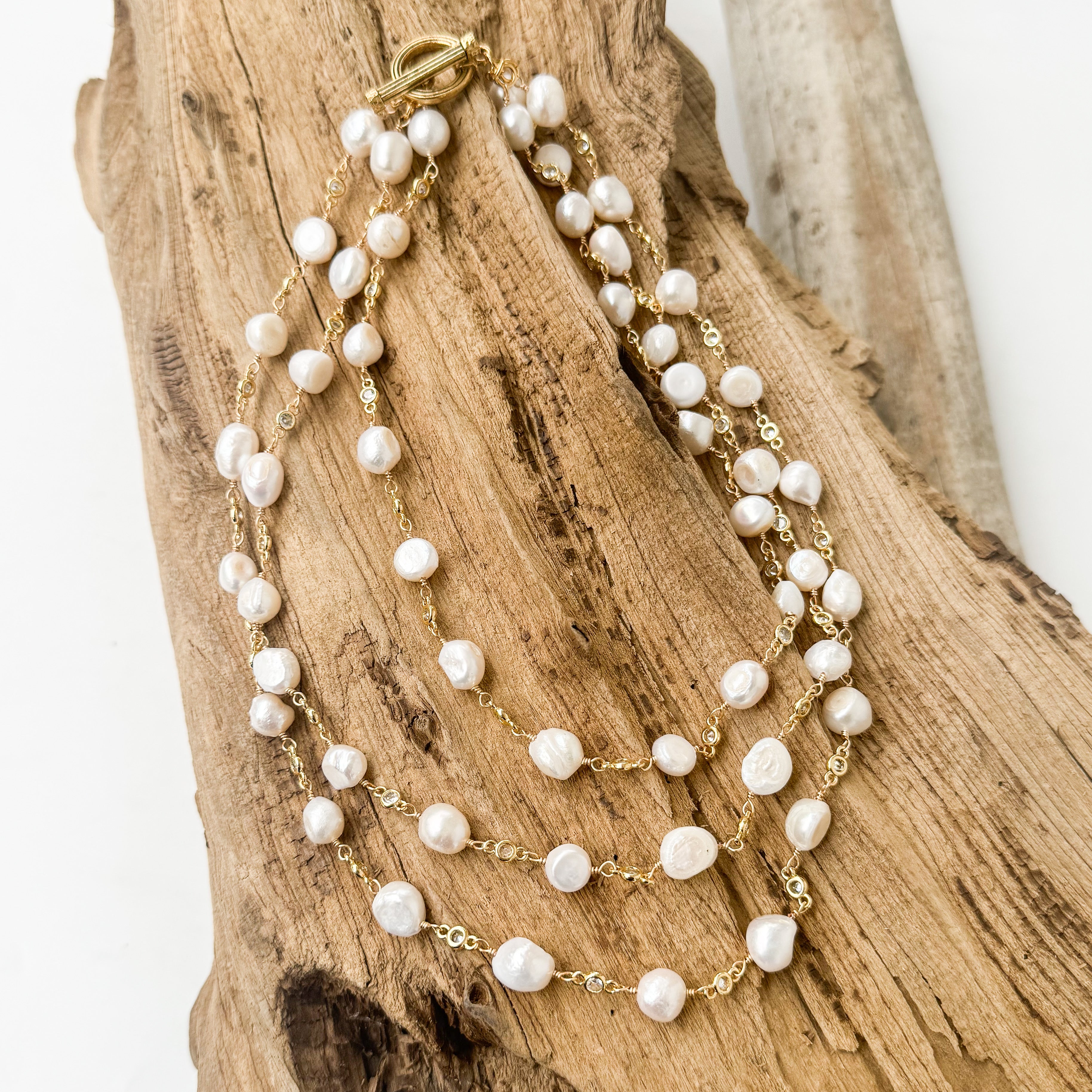 Pearl Bezel Rosary Triple Layer Statement Necklace