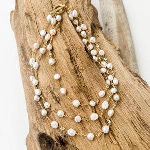 Pearl Bezel Rosary Triple Layer Statement Necklace