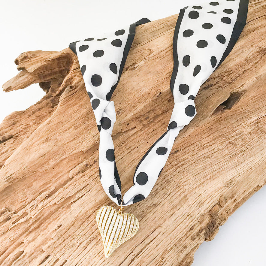 Ribbon CZ Heart On Scarf Necklace