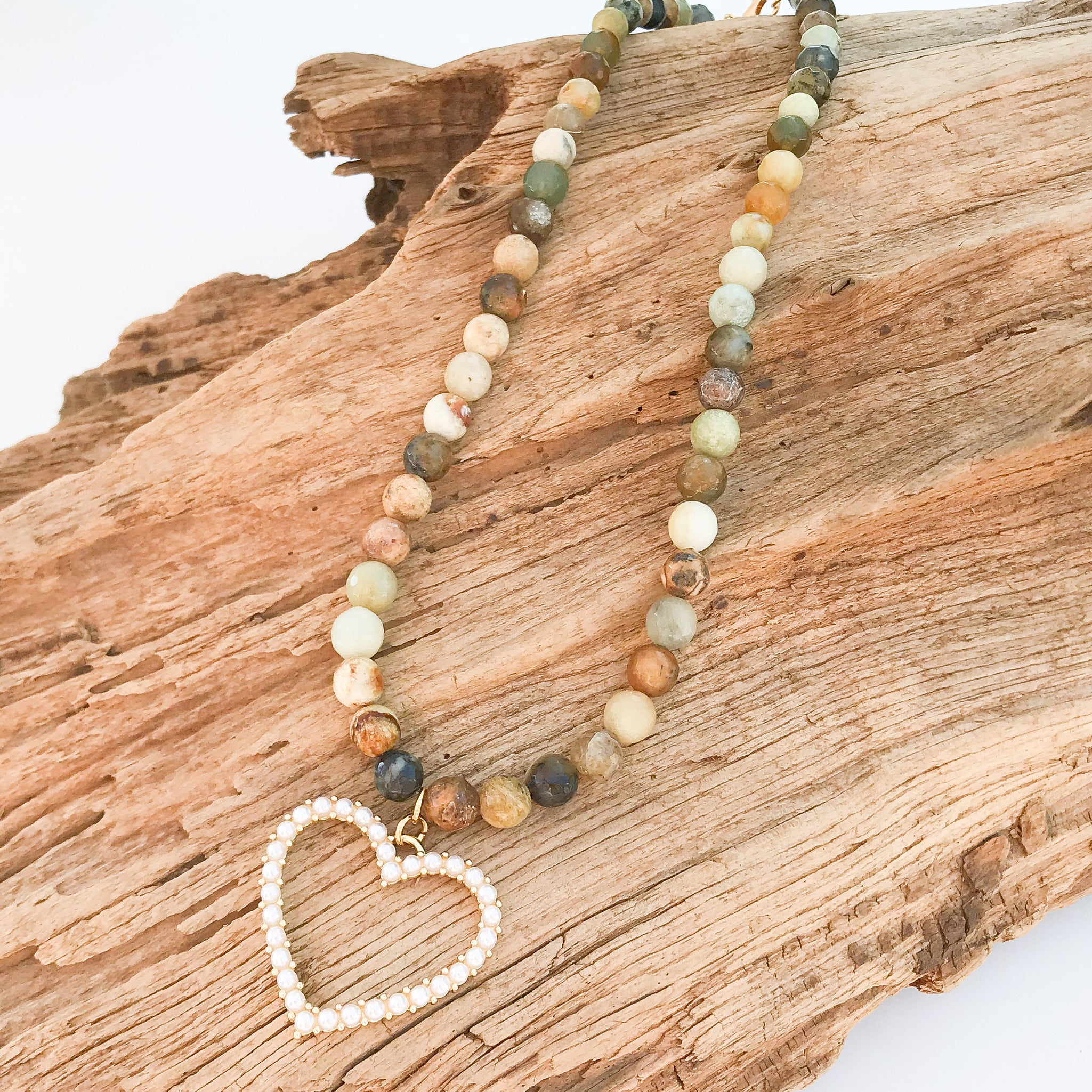 8mm Gemstone Necklace with Pearl Heart