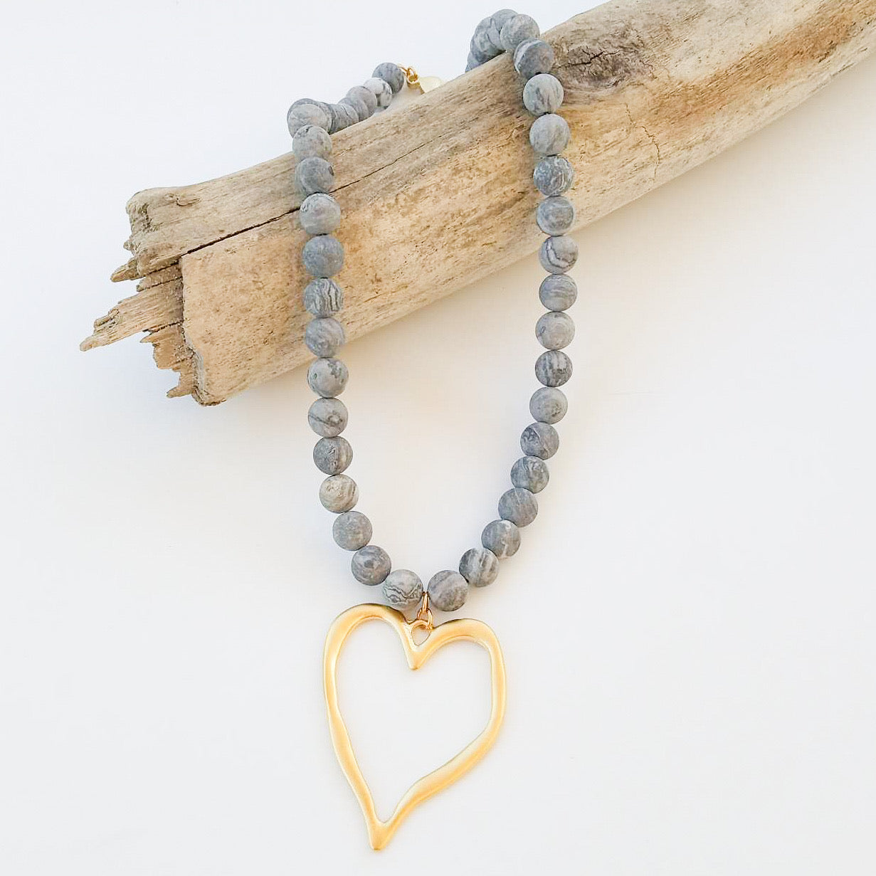 Gemstone Beaded Necklace w/ XL Heart