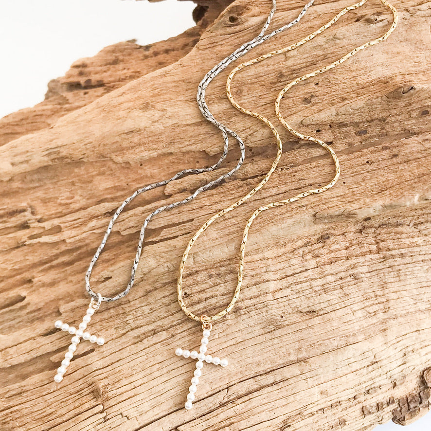 Micro Pearl Cross on Petite Rope Chain