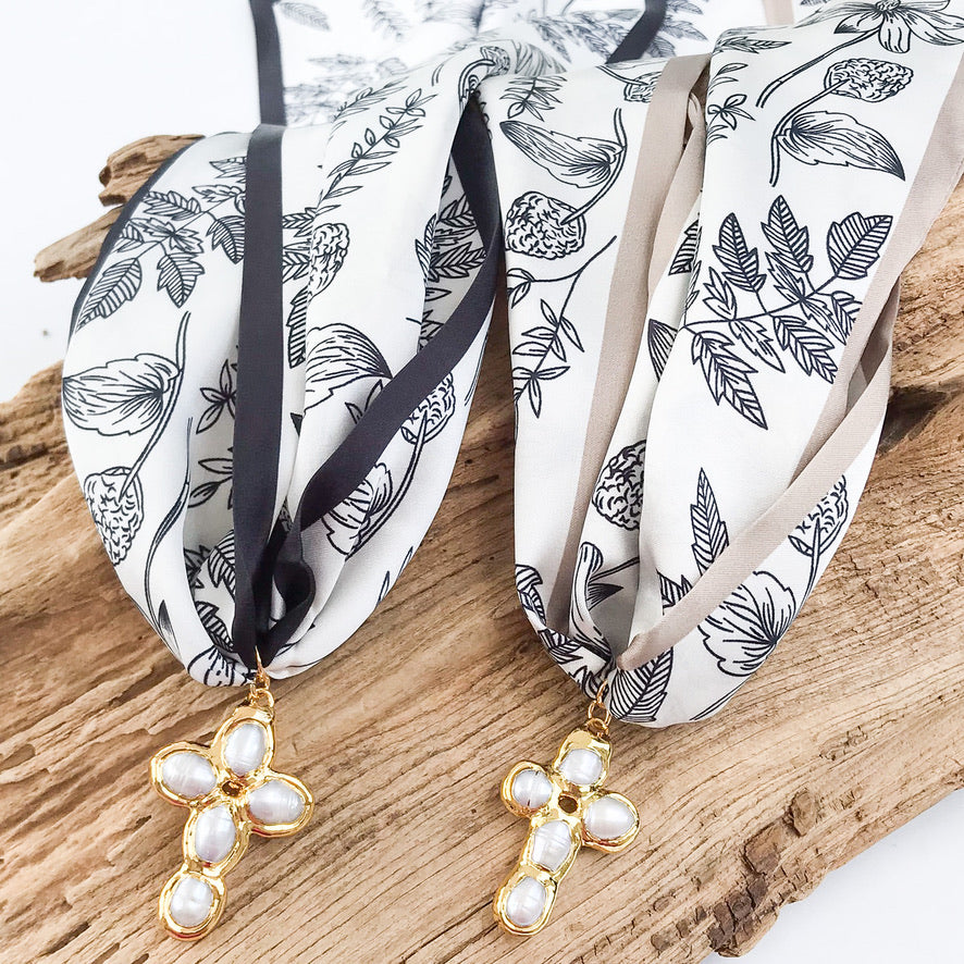Potato Pearl Cross on Scarf Necklace