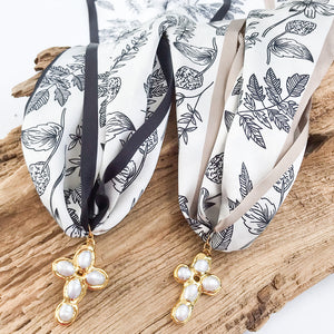 Potato Pearl Cross on Scarf Necklace