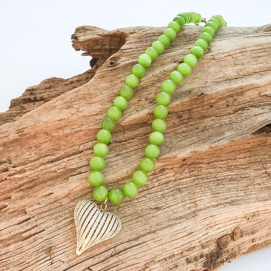 Ribbon Heart on 10mm Gemstone Necklace