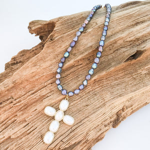 Puff Pearl Cross on Freshwater Pearl Necklace
