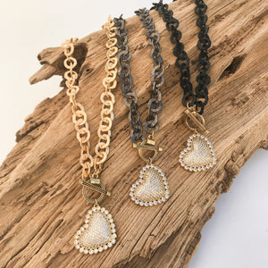 CZ Sideways Puff Heart Washer Necklace