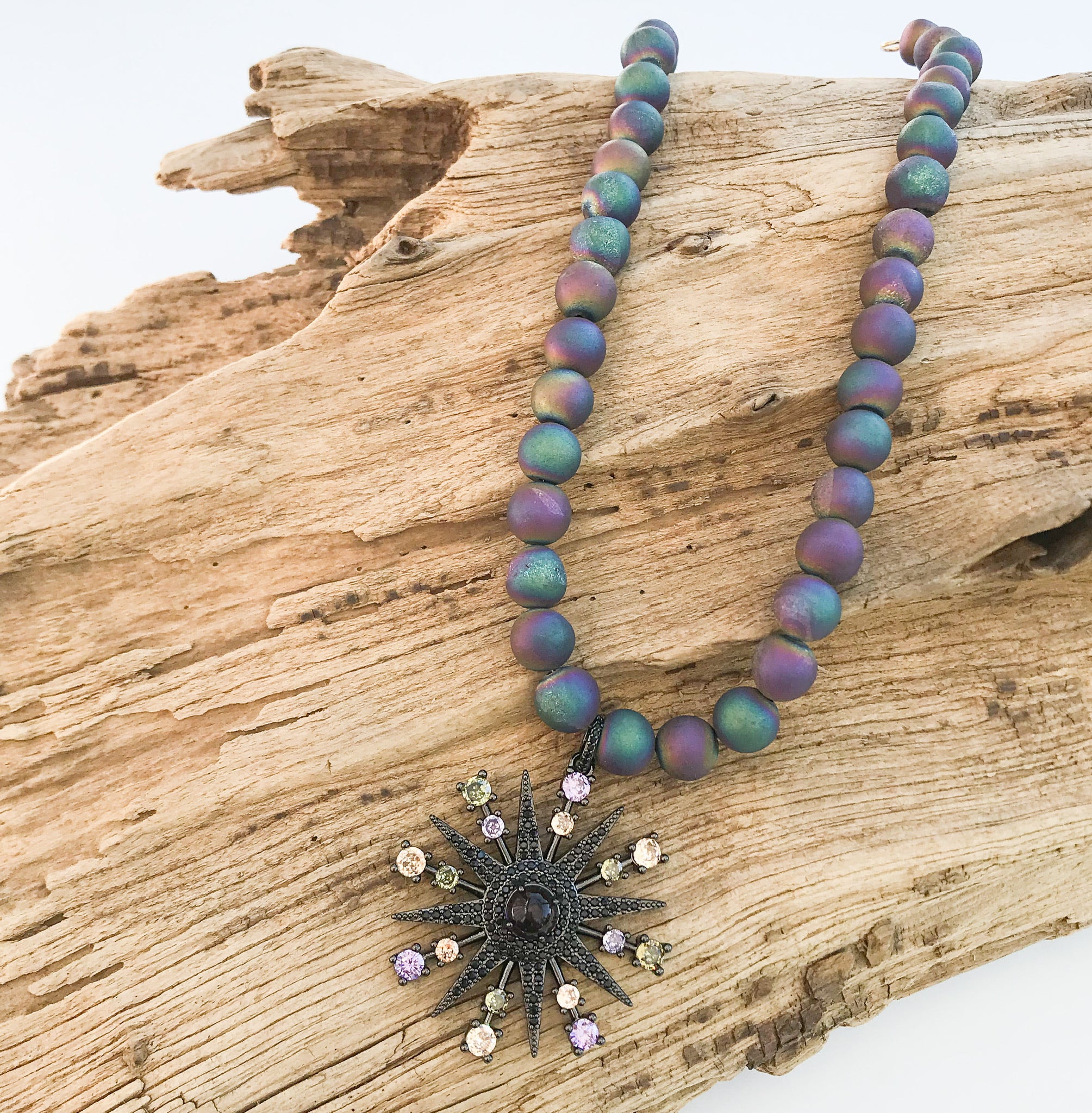 Colorful Flower on 10MM Gemstone Necklace