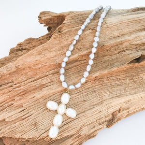 Puff Pearl Cross on Freshwater Pearl Necklace