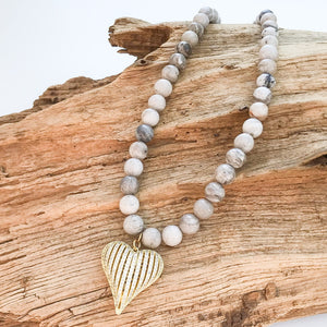 Ribbon Heart on 10mm Gemstone Necklace