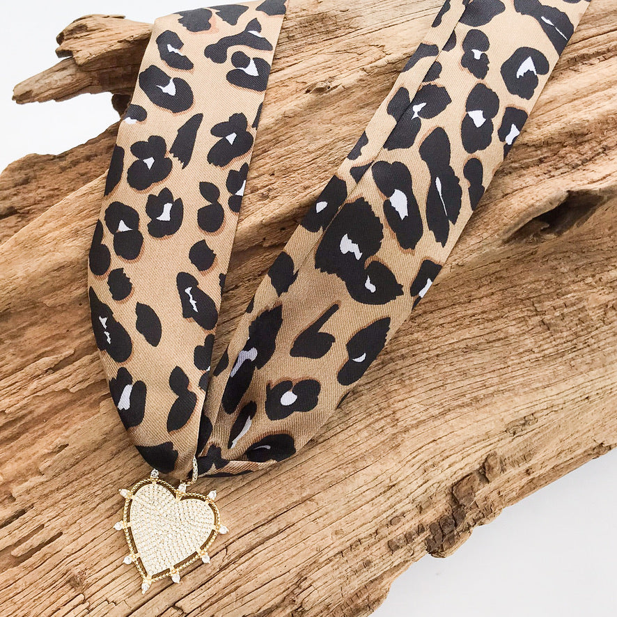 Studded CZ Heart on Scarf Necklace
