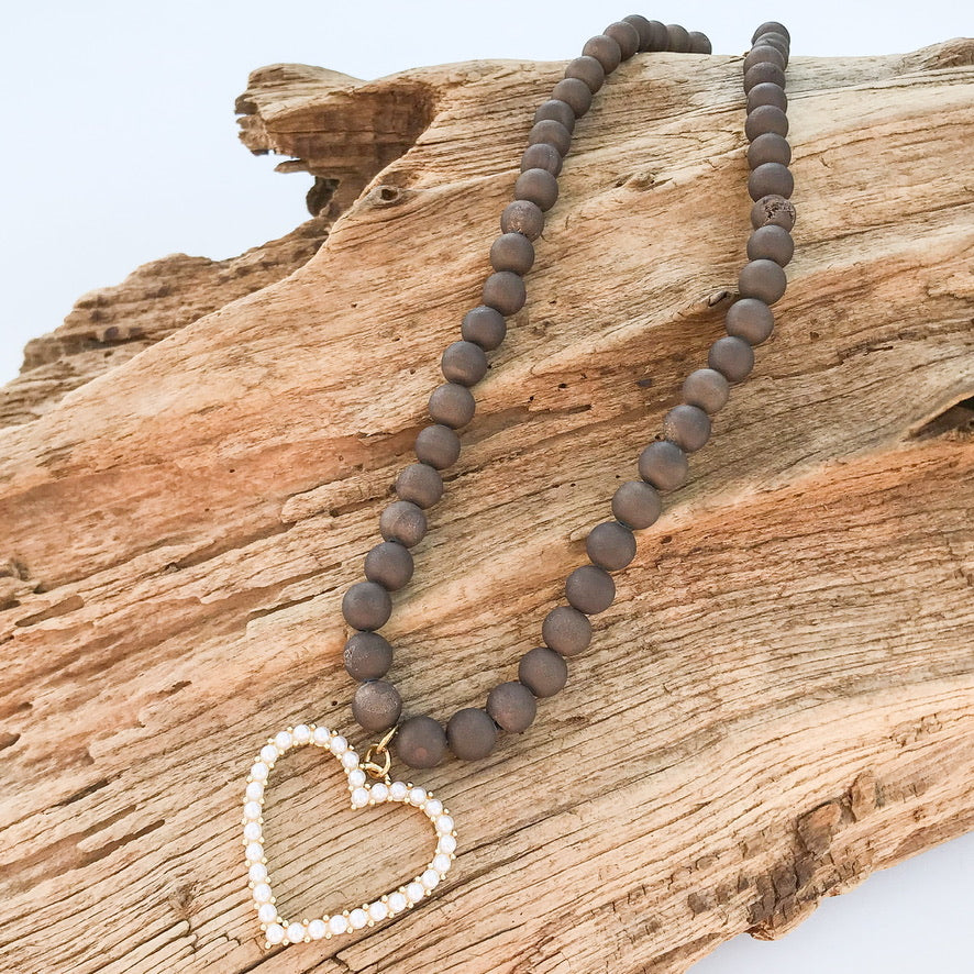 8mm Gemstone Necklace with Pearl Heart