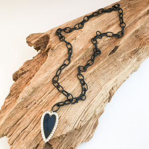 Long Pearl Trimmed Heart on Etched Chain