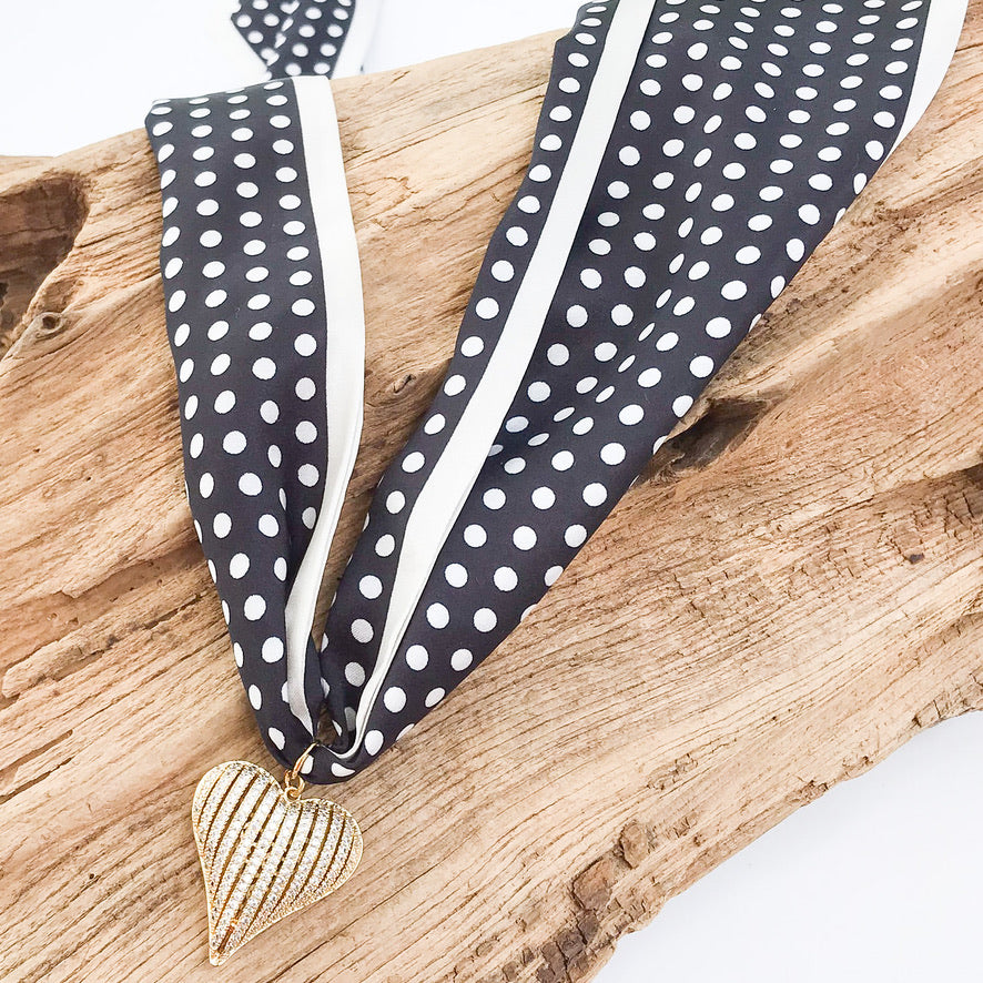 Ribbon CZ Heart On Scarf Necklace