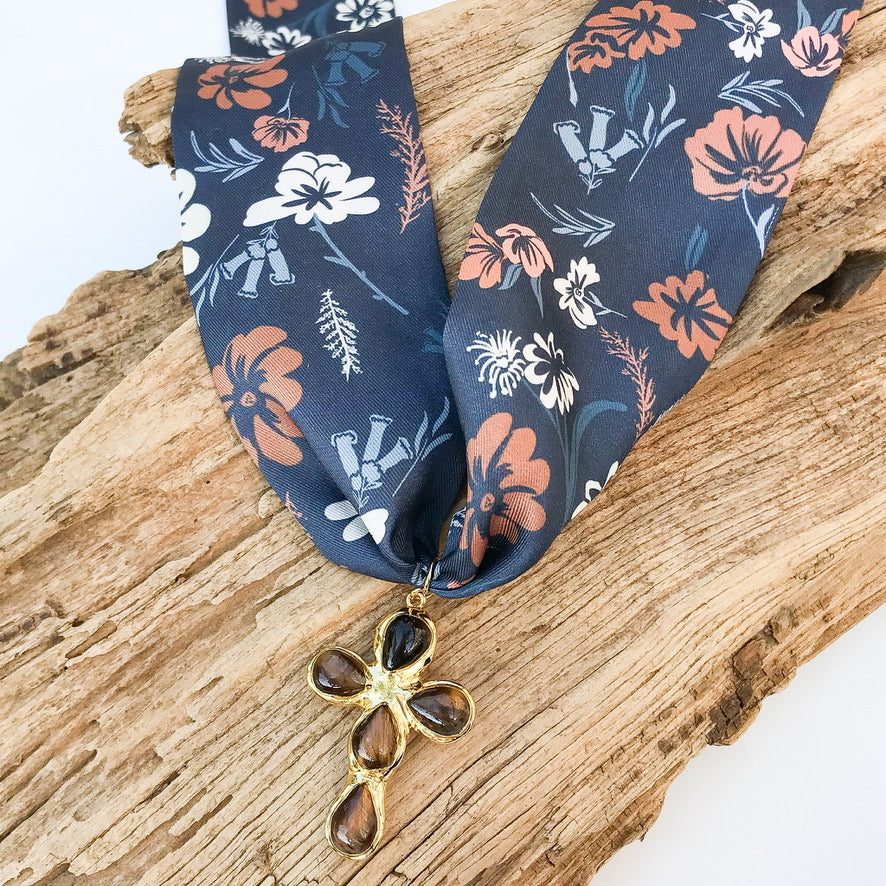 Gemstone Cross on Scarf Necklace