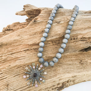Colorful Flower on 10MM Gemstone Necklace