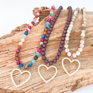 8mm Gemstone Necklace with Pearl Heart