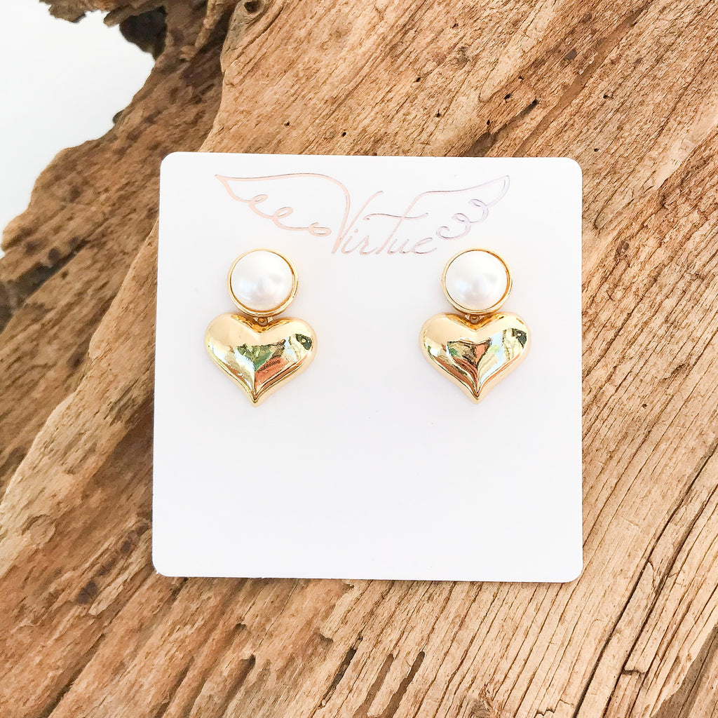 Pearl Post Dangle Heart Earrings
